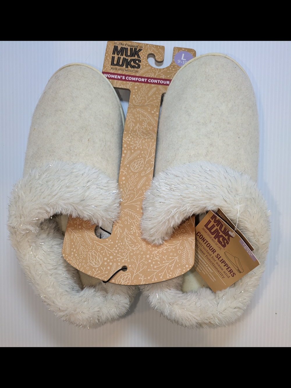 Muk Luks Contour Slippers Ivory Faux Fur Cozy House Shoes NWT L 9/10